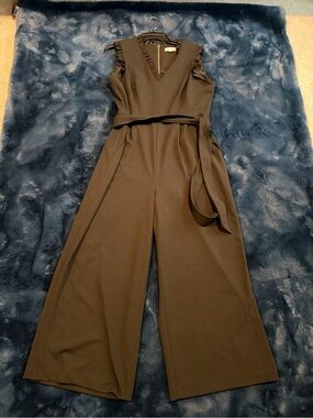 Calvin Klein Black Sleeveless V-Neck Wide-Leg Jumpsuit with Waist Tie